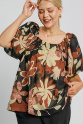 Umgee Full Size Print Round Neck Puff Sleeve Top Plus Size OutfitFlow